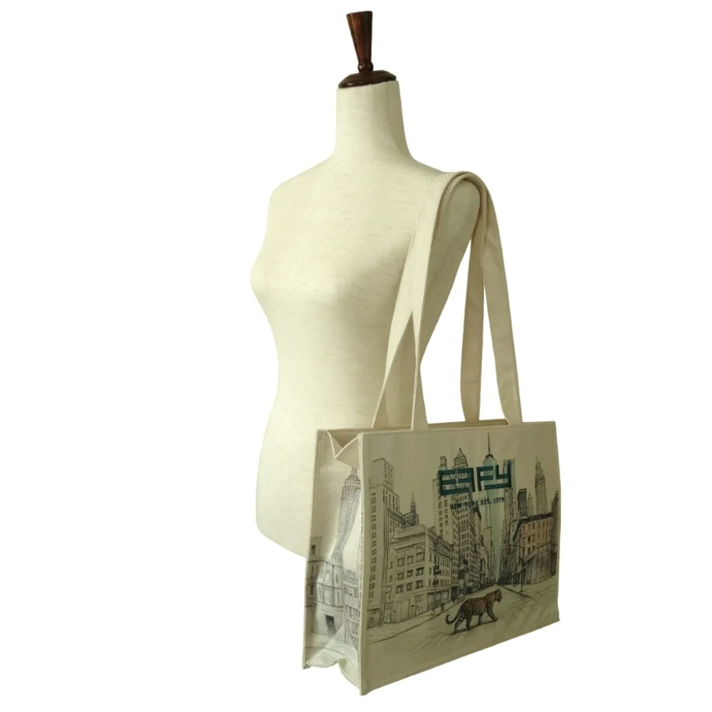 EFFY Hematian Beige Cream Fabric Zippered Tote New York City Landscape Leopard - Picture 9 of 9